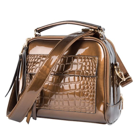 Lucien Hanna Bronze Patent Leather Crossbody Camera Work Tote Purse - Picture 2 of 16